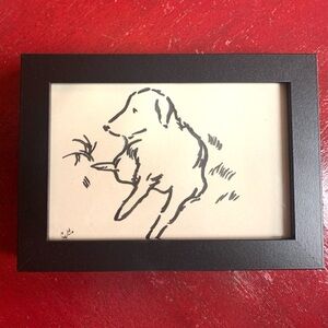 Original Ink Drawing Dog Lying in Grass